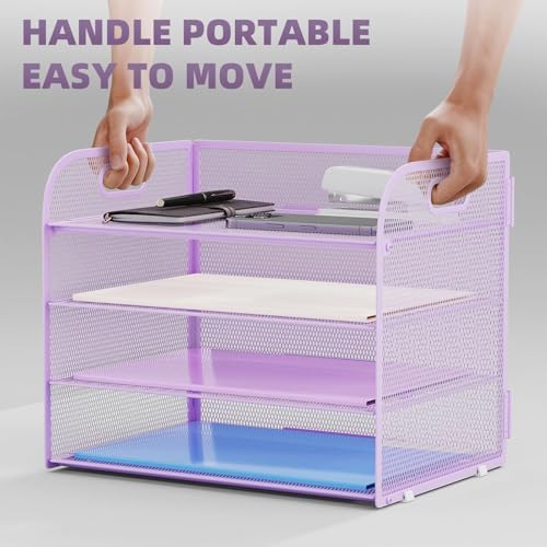 Marbrasse 2 Pack 4 Tier Paper Organizer Letter Tray - Mesh Desk File Organizer with Handle, Paper Sorter Organizer for Letter/A4 Office File Folder Holder (Purple, 12.6" x 9.1" x 10.7") - Image 5