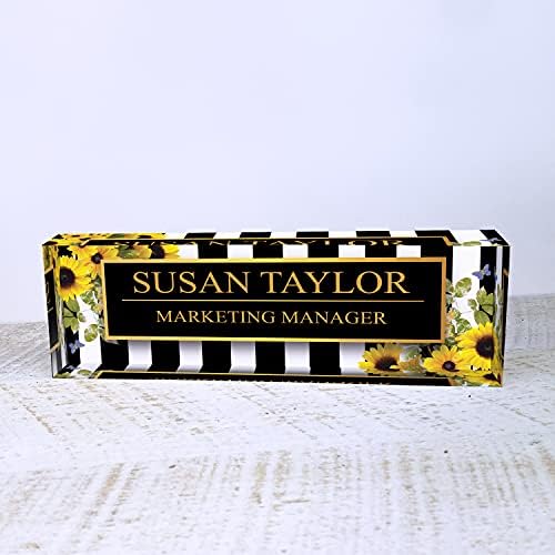 Artblox Office Desk Name Plate Personalized | Custom Name Plates on Acrylic Glass Decor | Office Desk Decor - Sunflowers Design - (8"x2.5") - Image 3