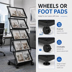 Foldable Magazine Display Rack Floor Standing 5 Pockets Brochure Stand Catalog Literature Holder with Wheels, Metal Newspaper Catalog Holders for Office Store Exhibition and Events - Image 4