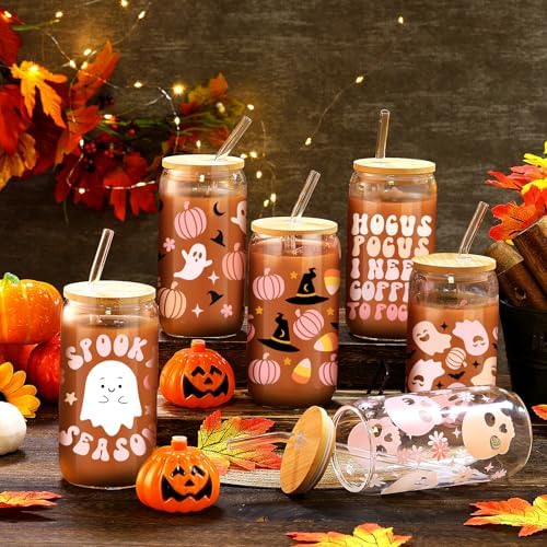 6 Pcs Pink Ghost Halloween Glass Cups with Lids and Straws 16 oz - Image 2
