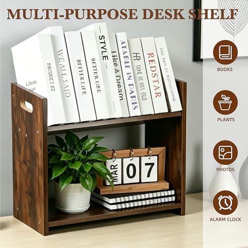 Desktop Bookshelf, 2 Tier Desk Shelf Organizer, Wood Office Tabletop Bookcase, Small Tabletop Book Rack, Portable Mini Bookcase for Book Display, Office, Home, Bedroom, Storage and Display - Image 4