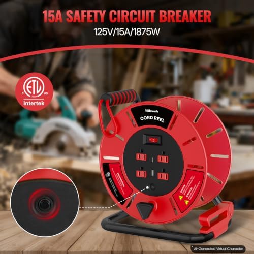 Extension Cord Storage Reel with 4-Grounded Outlet & 2 USB Port, 15A Circuit Breaker, Heavy Duty Open Cord Reel for 12/3,14/3 Gauge Power Cord, Hand Wind Retractable, ETL Listed Red R85CR06 - Image 3