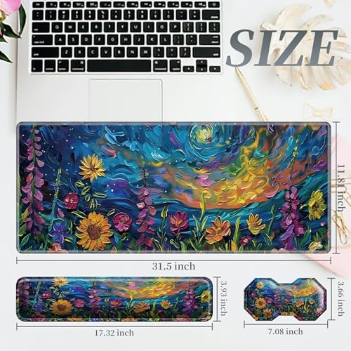 3Pcs Mouse Pad Set, Watercolor Flowers Large Gaming Mouse Pad with Stitched Edge, Ergonomic Memory Foam Keyboard Wrist Support and Mouse Wrist Rest Cushion, Pain Relief Non-Slip Desk Pad Combo - Image 2