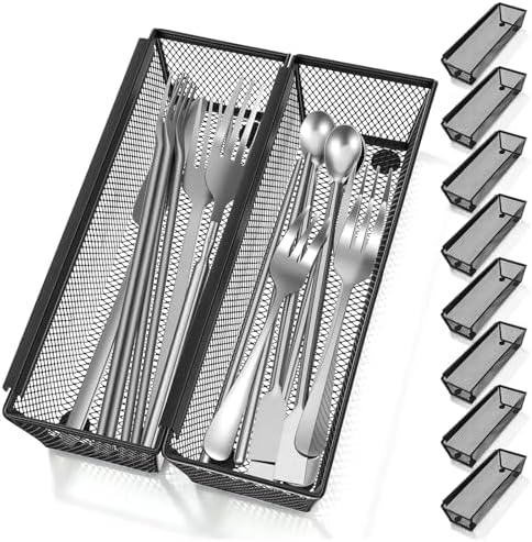 10 Packs Black Mesh Drawer Organizers 9 x 3 x 2 Inches Silverware Mesh Drawer Organizer with Interlocking Arm for Kitchen Drawers for Flatware Knives Spoons Fork Cosmetic Tabletop Storage Tray by Unknown