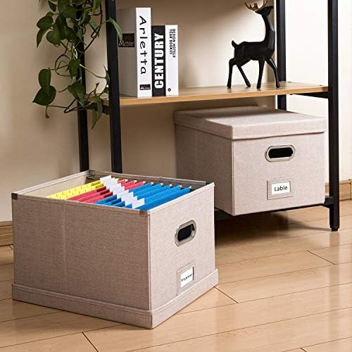 PRANDOM File Organizer Box - Set of 2 Collapsible Decorative Linen Filing Storage Hanging File Folders with Lids Office Cabinet Letter/Legal Size Light Grey (17x14x11.2 inch) - Image 3