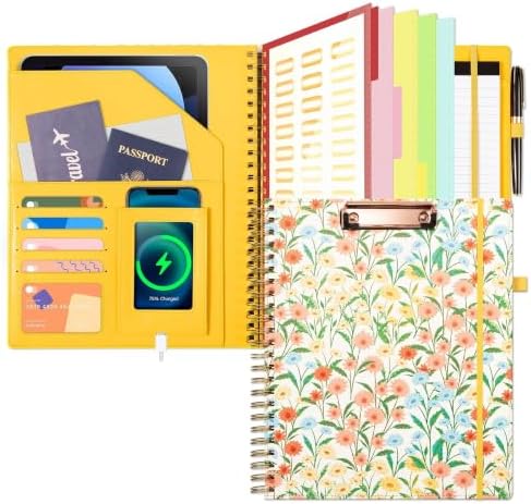 Ospelelf Clipboard with Storage for Men Women, Leather Padfolio Portfolio Organizer 5 Folders with 10 Pockets, Spiral Clipboard Folio with Notepad for Letter Size, Elastic Closure and Pen Loop Floral by OspelelfOfficeSupplies