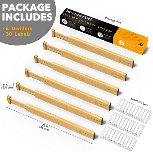 SpaceAid Bamboo Drawer Dividers with Labels, Kitchen Adjustable Drawer Organizers, Expandable Organization for Home, Office, Dressers and Bathroom, 6 Dividers (17-22 in) (Pack of 2) - Image 3
