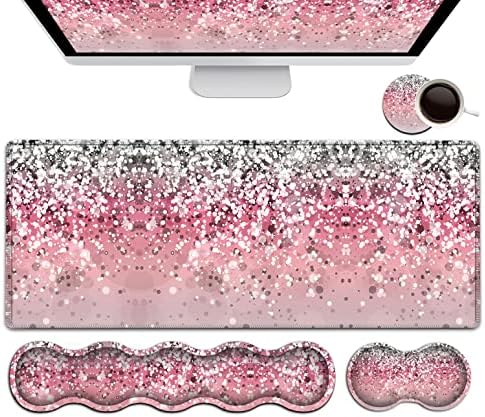 Pink Mouse Pad,Keyboard Mouse Pad Set,Extended Gaming Mouse Pad + Memory Foam Keyboard Wrist Rest Support, Pink Glitter Office Desk Mat Writing Pad Easy Typing Pain Relief,XXL Large Mousepad Desk Mat by FDHHKJUKO