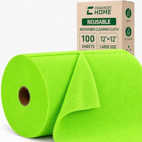 Reusable Microfiber Cleaning Cloth Roll - 100 Pack, 12"x12" Washable Tear-Away Paper Towels, Lint-Free & Streak-Free Rags for Kitchen, Glass, Cars, Electronics, Workshop and Garage(Neon Green) by CHAUNCEYHOME