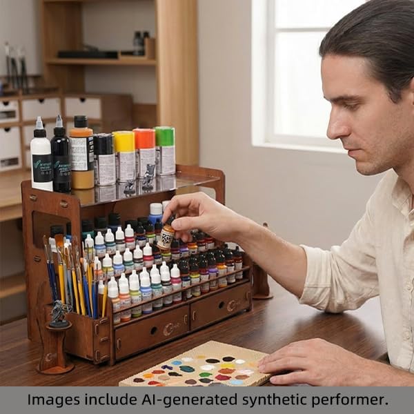 OPHIR Wooden Paint Organizer for 104 Bottles with 2 Brush Holder, 2 Drawer - Image 6