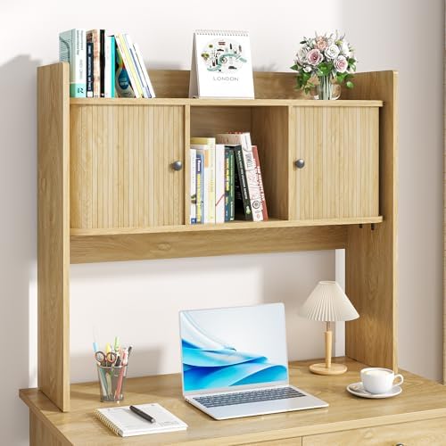 Fluted Desktop Bookshelf, 35.4 Inch x 31.5 Inch Wooden Desk Organizer, Desk Hutch with 2 Doors, Desktop Shelf Storage Rack, for Home, Office, Dorm, 2-Tier, Wood - Image 6