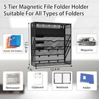 5 Tier Magnetic File Holder, No Drilling Wall File Organizer, Magazine Paper Mail Document Holder/Magnetic Hanging File Organizer for File Cabinets,Whiteboard refrigerator,Office,Classroom(Black) - Image 3