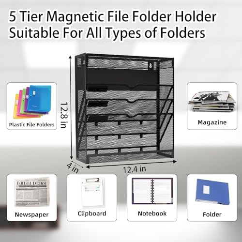 5 Tier Magnetic File Holder, No Drilling Wall File Organizer, Magazine Paper Mail Document Holder/Magnetic Hanging File Organizer for File Cabinets,Whiteboard refrigerator,Office,Classroom(Black) - Image 3