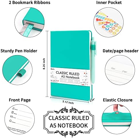 feela 5 Pack Notebooks Journals Bulk, Hardcover Notebook Classic Ruled Lined Journals with Pen Holder for Women Girls School Business Supplies, with 5 Black Pens, 120 GSM, 5.1”x8.3”, A5, Aqua - Image 2
