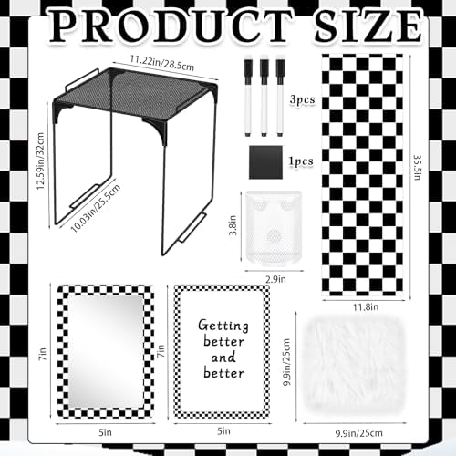 Demonwer 10 Pcs Locker Accessories Kit Black White Checkered Locker Organizer Magnetic Whiteboard Mirror Pen Holder Pen for Storage Organizing Shelf Back to School Party Supply - Image 2