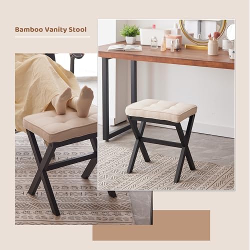 Foot Stool Small Ottoman Foot Rest Padded Foot Stool Desk for Under Office Desk Vanity Stool Bamboo Footstool Sofa Footrest Shoe Stool Small (Black Legs + Beige) - Image 7