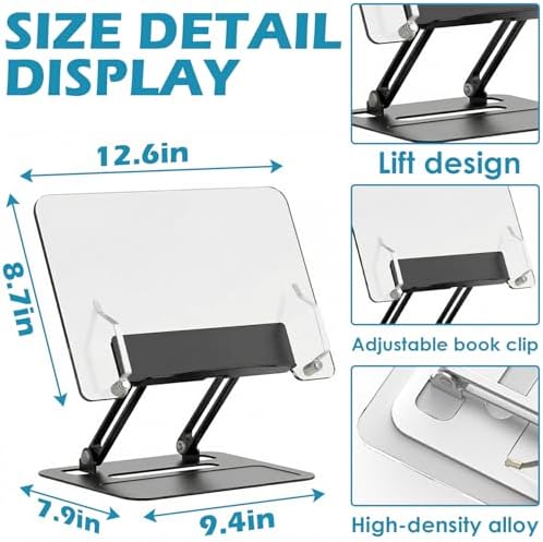 Acrylic Adjustable Book Stand, Reading Stand with Lift Design, High-Density Alloy Desktop Document Holder for Document Recipe, Cookbook, Music Book (Black) - Image 2