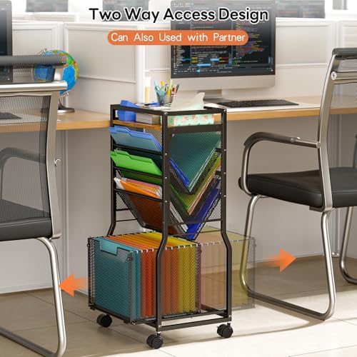 DAOUTIME 8 Tier Rolling File Cart with Hanging File Folder Organizer, Mobile File Organizer with 2 Sides Access Bookcase, Beside/Under Desk Cart with Wheels for Office Home School - Image 5