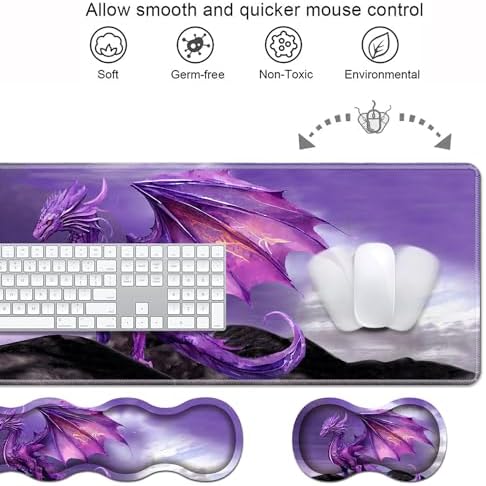 Ergonomic Keyboard Wrist Rest & Mouse Pad Wrist Rest Set, Large XXL Gaming Desk Mat 31.5"x 11.8" with Memory Foam, Easy Typing Pain Relief for Office & Home, Purple Dragon - Image 4
