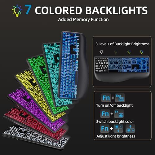 Hamile Large Print Wireless Backlit Keyboard for Windows, Black - Image 3