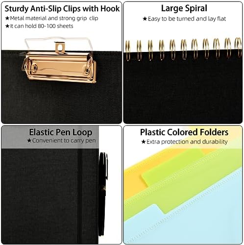 Ospelelf Black Foldable Spiral Clipboard Folio with Storage Zipper Pouch, 5 Plastic Folders with 10 Pockets,Refillable Lined Notepad (11" x 8.5"), Hardcover Project Organizer with 39 Stickers - Image 4