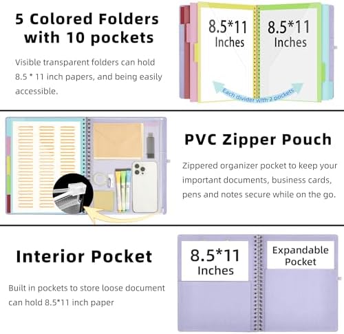Ospelelf Foldable Spiral Clipboard Folio with Storage Zipper Pouch, 5 Plastic Folders with 10 Pockets, Refillable Lined Notepad (11" x 8.5"), Linen Hardcover Project Organizer (Light Purple) - Image 2