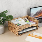 BTSKY 2 Tier Water Hyacinth Letter File Storage Basket, Woven Paper Organizer A4 File Tray Magazine Holder Woven Basket for Desk Document Office Paper Organizer and Storage - Image 2