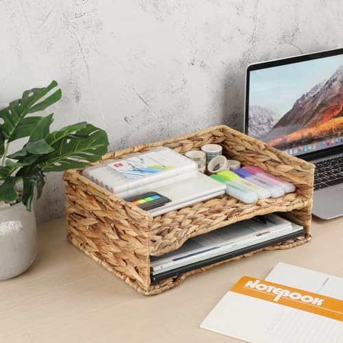 BTSKY 2 Tier Water Hyacinth Letter File Storage Basket, Woven Paper Organizer A4 File Tray Magazine Holder Woven Basket for Desk Document Office Paper Organizer and Storage - Image 2