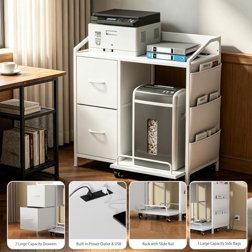 Printer Stand with Fabric Drawers, Lateral Office Filing Cabinets with Power outlets & USB Charging Port, File Cabinet with Large Printer Stands for Home Office, Shredder Stand Rack (White) - Image 6