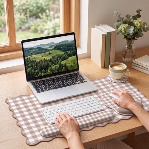 Brown Gingham Scalloped Desk Mat Set, Mouse Pad with Gel Wrist Rest,Ergonomic Keyboard Wrist Support for Women Non-Slip Desk Pad Home Office Decor - Image 2