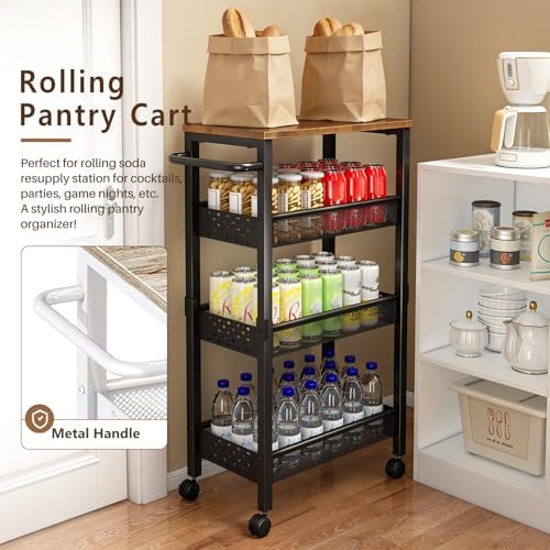 Slim Storage Cart with Wheels,9.1-inch 4 Tier Narrow Storage Cart with Wheels, Metal Kitchen Bathroom Laundry Organizer Shelf with Wood Top and Handle, Black - Image 2