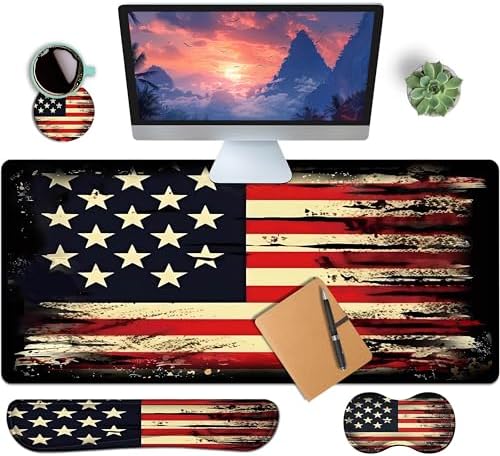 4-Piece Extended Large Mouse Pad Set for Women Men with Retro Flag Design Includes 35.4 x 15.7 XXL Large Mouse Pad Keyboard Wrist Rest Mouse Wrist Support and Coaster for Office Home by HaoSiTeck