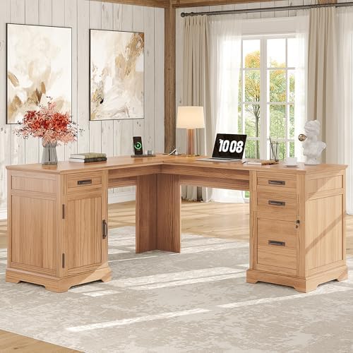 Whalefall 67'' Farmhouse L-Shaped Desk with Drawers for Home Office, Walnut by Whalefall