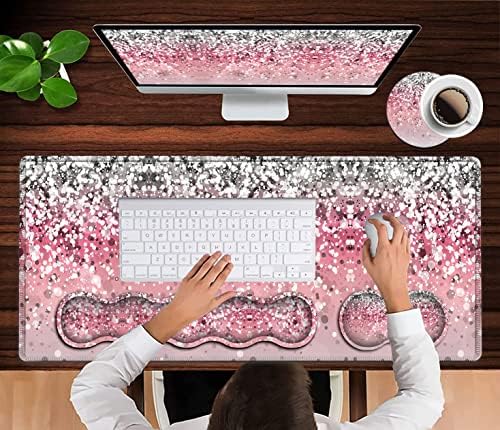 Pink Mouse Pad,Keyboard Mouse Pad Set,Extended Gaming Mouse Pad + Memory Foam Keyboard Wrist Rest Support, Pink Glitter Office Desk Mat Writing Pad Easy Typing Pain Relief,XXL Large Mousepad Desk Mat - Image 4