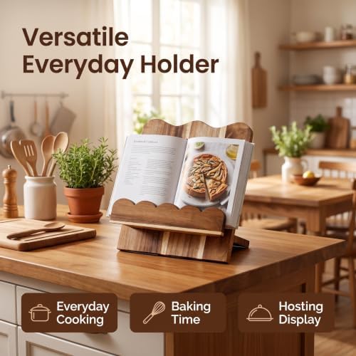 Acacia Cookbook Stand for Kitchen Counter, Wood Scalloped Cook Book Holder - Image 2
