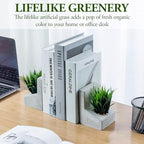 MyGift Decorative Bookends, Heavy Duty Book Ends with Artificial Green Grass Plants, Book Stands for Office Desktop, Bookshelf, Modern Gray Concrete L-Shaped - Image 2