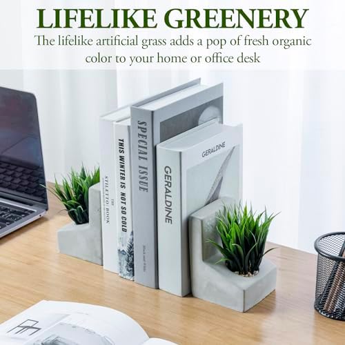 MyGift Decorative Bookends, Heavy Duty Book Ends with Artificial Green Grass Plants, Book Stands for Office Desktop, Bookshelf, Modern Gray Concrete L-Shaped - Image 2