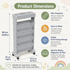 5-Tier Rolling Bookshelf Cart with Wheels, Gray - Image 3