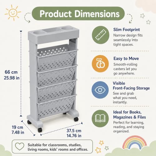 5-Tier Rolling Bookshelf Cart with Wheels, Gray - Image 3
