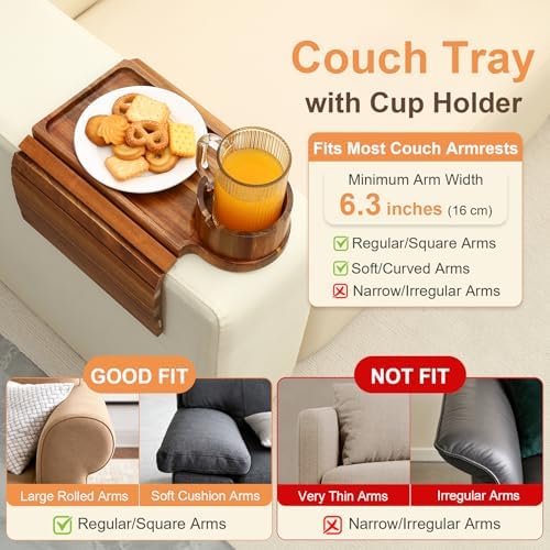 Couch Cup Holder Tray,Acacia Wood Couch Arm Table with Phone Holder, Large Foldable Sofa Arm Tray for Drink Snacks Table - Image 2