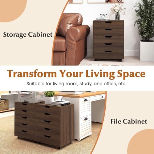 Byroce 5-Drawer Storage Cabinet with Wheels, Mobile Office Cabinet, Walnut - Image 7