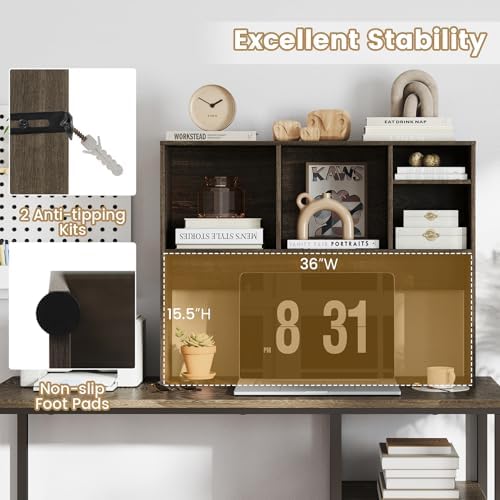 LDAILY Desktop Bookshelf, 2-Tier Office Desk Shelf Organizer with 4 Shelves, 37’’L Wood Storage Rack Display Shelf for Computer Desk, Office, Dorm, Bedroom (Grey) - Image 6