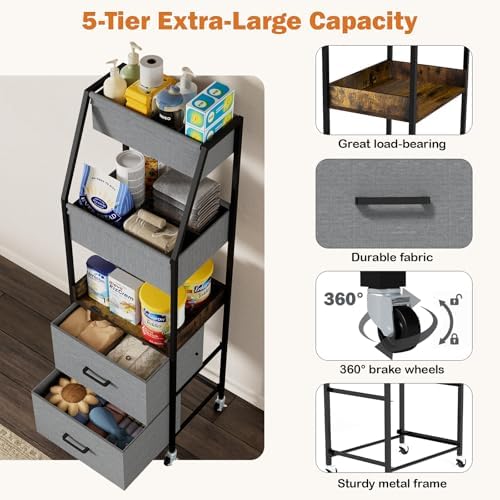 Baby Diaper Caddy Organizer and Storage - 5 Tier Rolling Cart with Dividers and Drawers, Mobile Utility Cart with Wheels for Nursery, Bedroom, Changing Table & Crib - Image 4