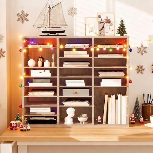 HOOBRO Literature Organizer, 27 Compartments Wooden Mail Organizer, Countertop Literature Sorter with Adjustable Shelves for Home, Office, School, Student Mailbox for Classroom, Greige BG27WF01 - Image 2