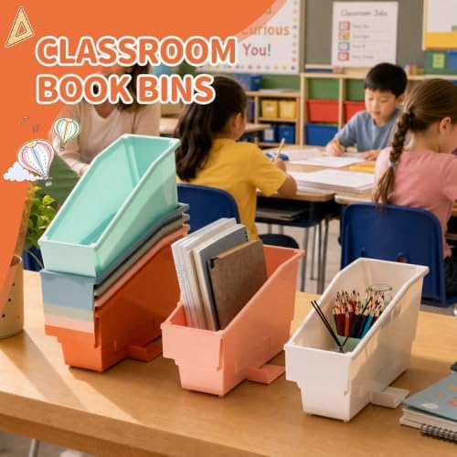 Geetery 12 Pack Non-Tip Book Bins with Stabilizer Wings,lables, Earth Tone - Image 4