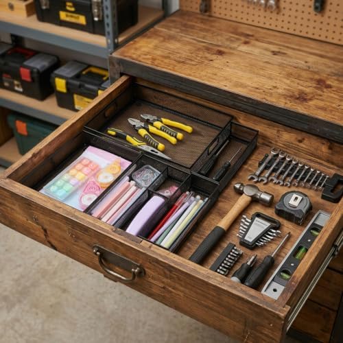 5 Pack Desk Drawer Organizer Tray Set - Stackable Metal Mesh Desk Drawer Organizers and Accessories, for Office Supplies Storage(Black) - Image 6