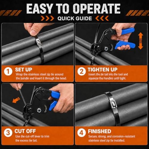 Stainless Steel Cable Tie Gun Set – 300PCS Black Metal Zip Ties (6/8/12", 100PCS Each) with Scissors, Gloves, Storage Bag for Fence Exhaust Automotive - Image 6