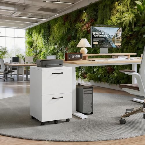 2 Drawer Filing Cabinet, Wood Rolling Filing Cabinets with Printer Stand, Under Desk Storage Lockable Wheels, Home Office Organizer for A4 Letter Legal Size Documents,White - Image 7