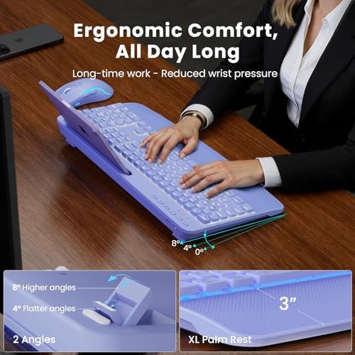 Purple Keyboard and Mouse Wireless Combo, 4000mAh Rechargeable Backlit Quiet Keyboards mice Set, USB Ergonomic Key Board with Wrist Rest & Phone Holder for PC, Mac, Windows, Natural Soft Typing - Image 3