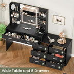 FIONESO Vanity Desk with LED Light Mirror & Power Outlet, 8 Drawers, 6 Storage Shelves, 3 Color Modes & Adjustable Brightness Makeup Vanity, Corner Vanity, L Shape Vanity, 39.4”-64.9" Desk, Black - Image 3